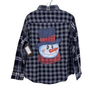 Boys Plaid handmade Christmas button front shirt size 4/5 XS Snowman Black grey